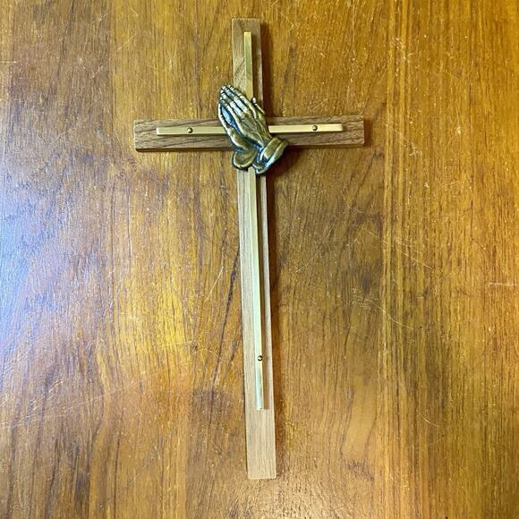 Cross Crucifix Brass Inlay Wood Praying Hands Wall Decor Chapel Craft 12” - Picture 2 of 3
